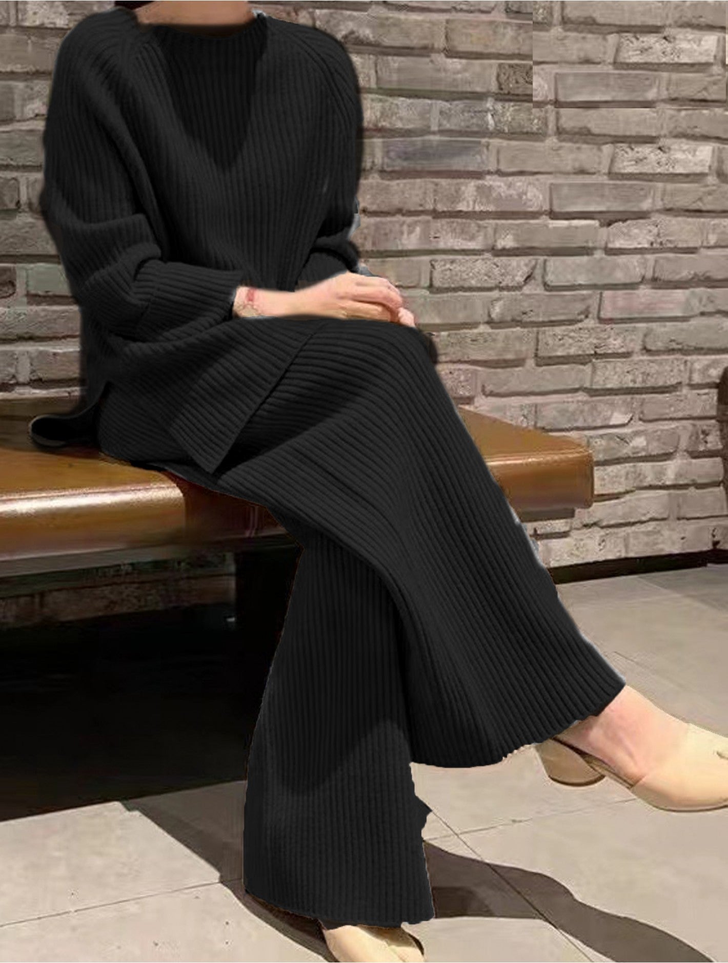 Solid Color Ribbed Sweater & Pants Set