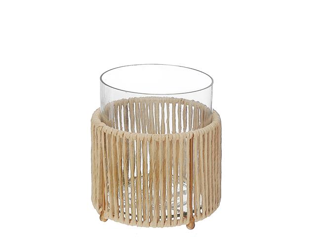 Glass Candle Holder with Metal and Raffi Base