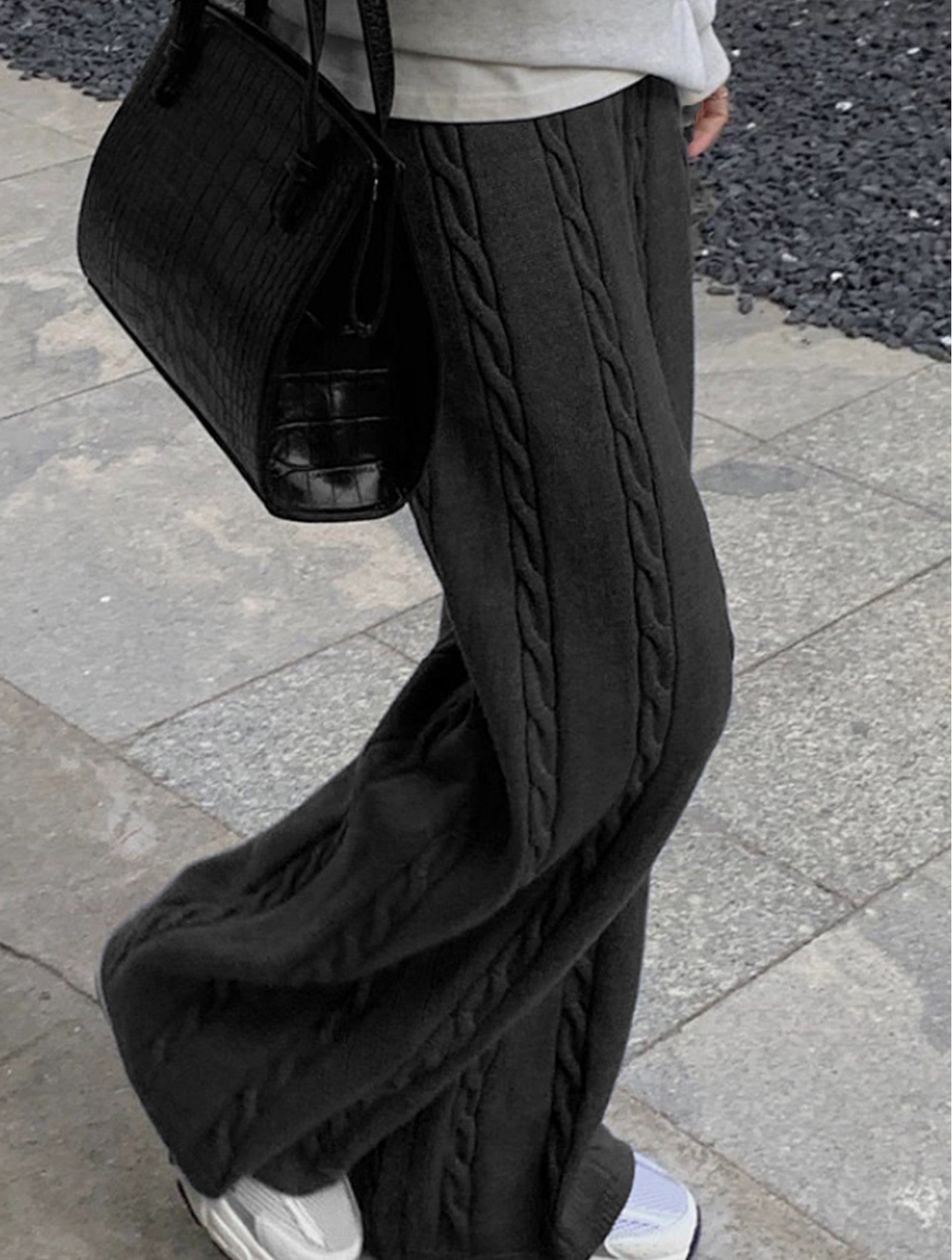 Warm Cable Wool Feeling Knitted Pants w/ Open Bottoms