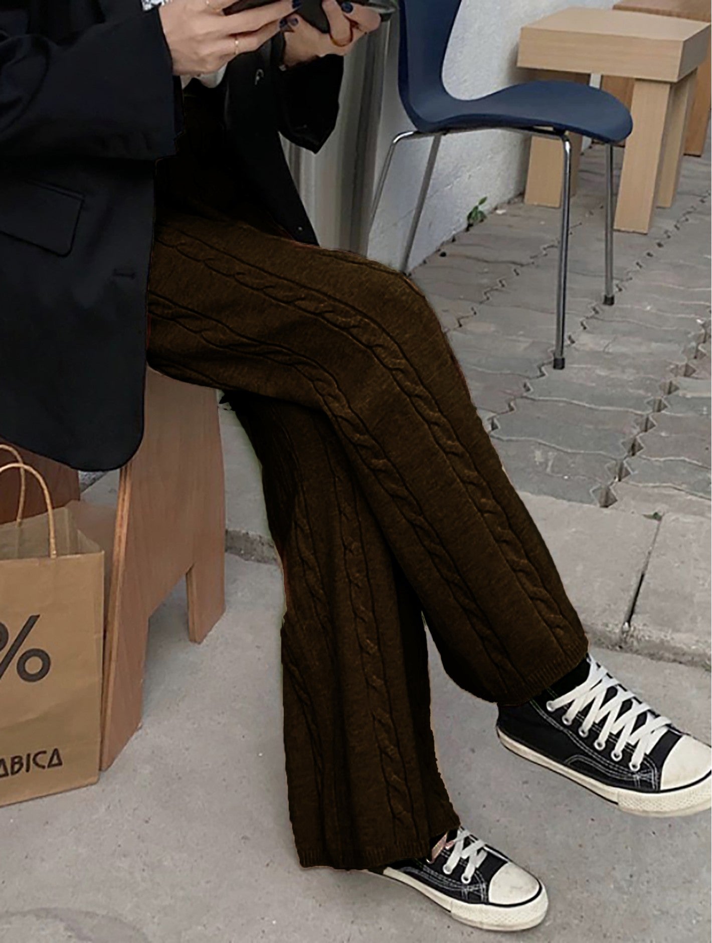 Warm Cable Wool Feeling Knitted Pants w/ Open Bottoms