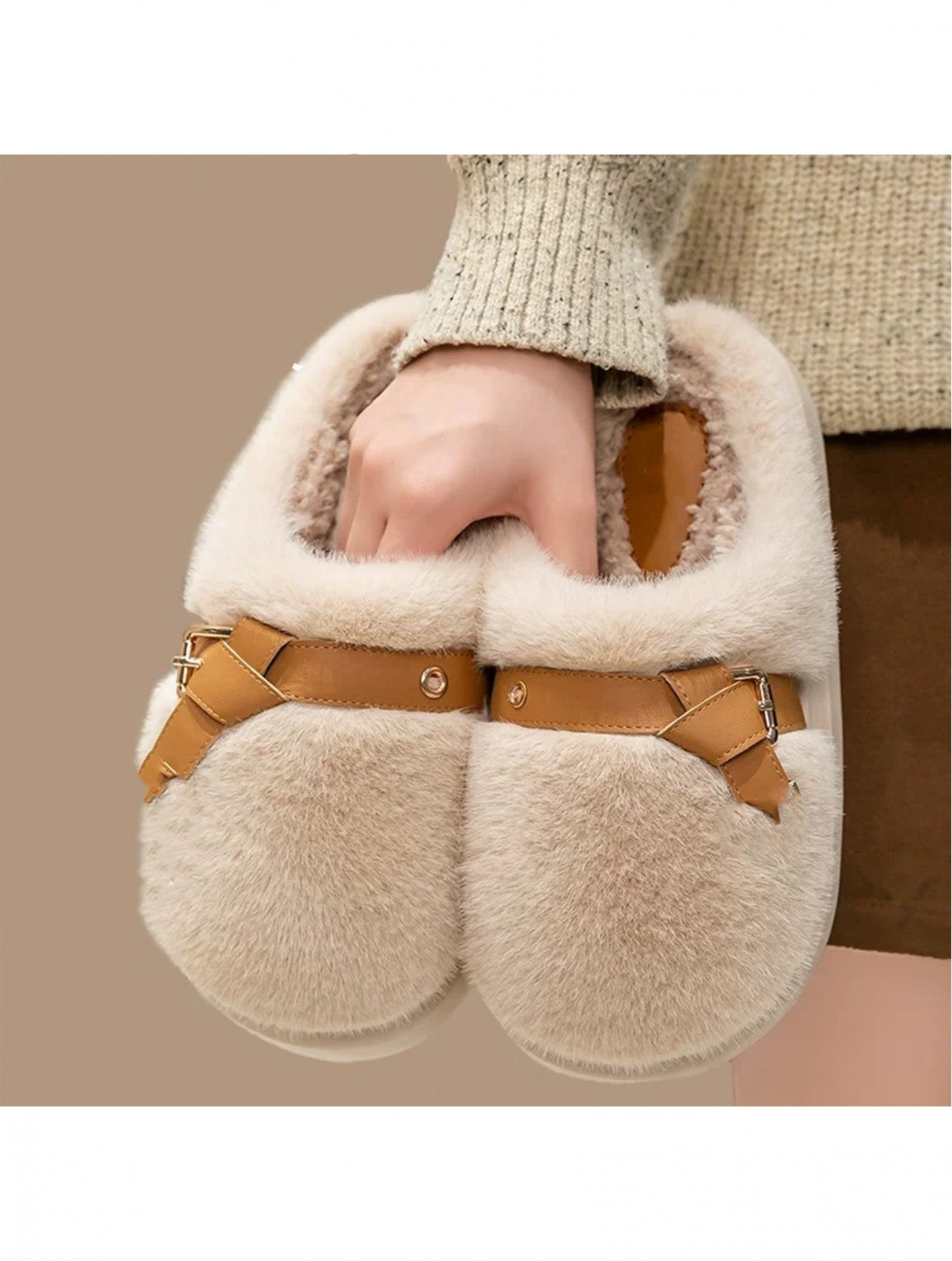 Soft Plush Fuzzy Indoor Slippers W/ Belt