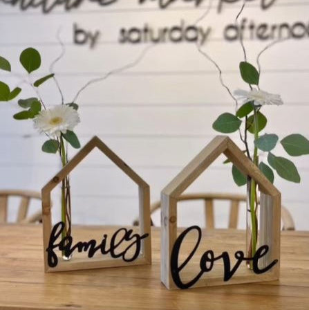 Wood House with Metal Lettering and Test Tube Flower  Holder