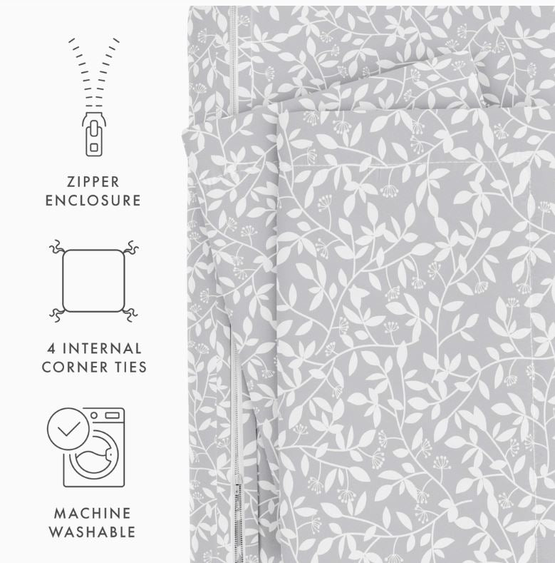 3 PC VINE TREILLIS PRINT DUVET SET GREY
