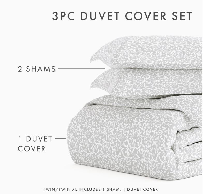 3 PC VINE TREILLIS PRINT DUVET SET GREY